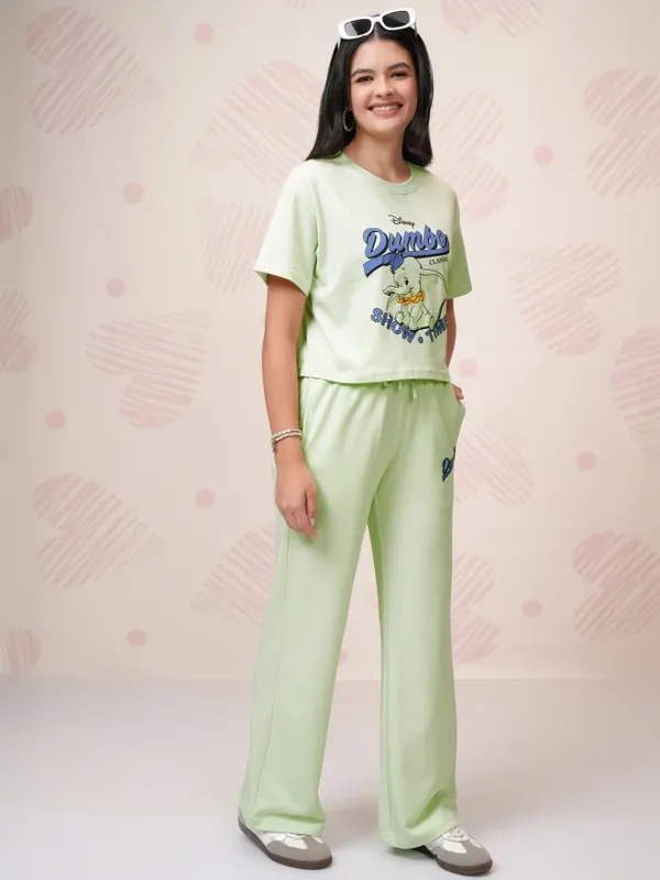 Disney By Tokyo Talkies Women Green Dumbo T-Shirt With Trousers Co-Ords