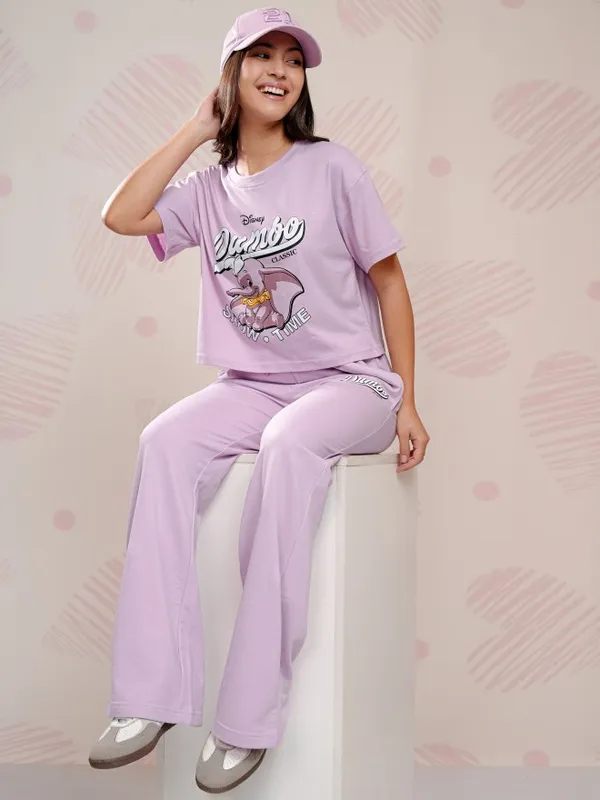 Disney By Tokyo Talkies Women Lavender Dumbo T-shirt With Trouser