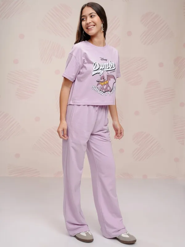 Disney By Tokyo Talkies Women Lavender Dumbo T-shirt With Trouser