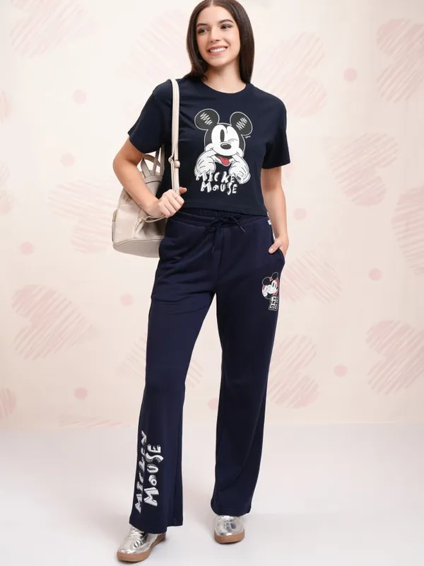 Disney By Tokyo Talkies Women Navy Blue Mickey Mouse T-shirt With Trouser