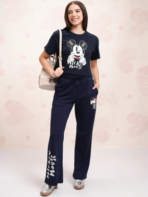Disney By Tokyo Talkies Women Navy Blue Mickey Mouse T-shirt With Trouser