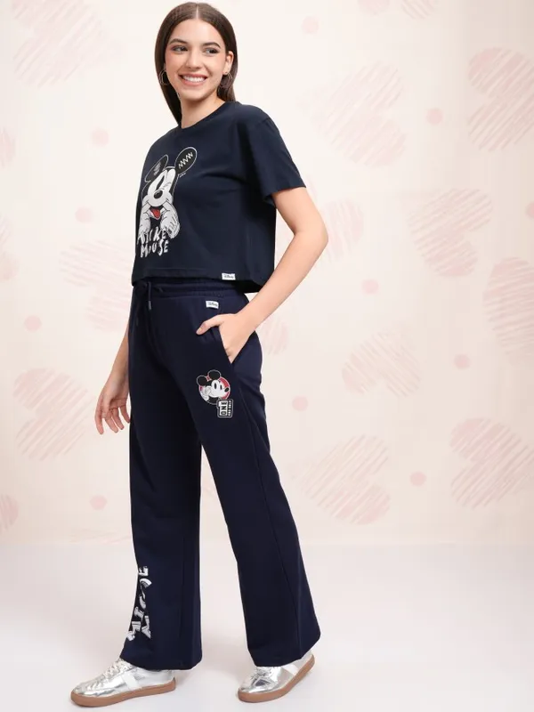 Disney By Tokyo Talkies Women Navy Blue Mickey Mouse T-shirt With Trouser