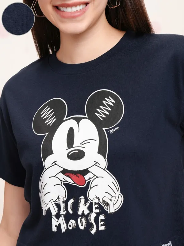 Disney By Tokyo Talkies Women Navy Blue Mickey Mouse T-shirt With Trouser