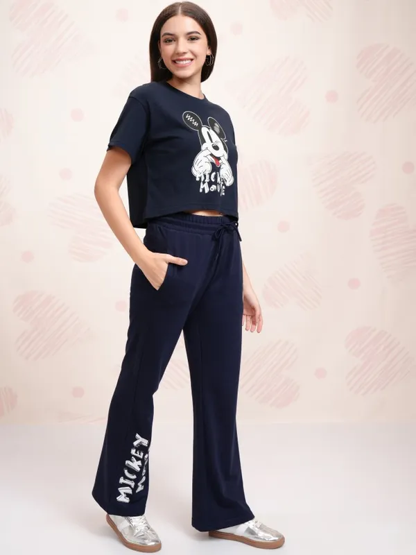 Disney By Tokyo Talkies Women Navy Blue Mickey Mouse T-shirt With Trouser
