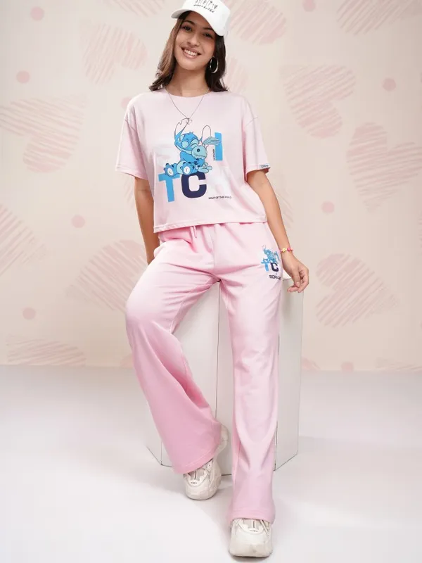 Disney By Tokyo Talkies Women Pink Stitch T-Shirt With Trousers Co-Ords