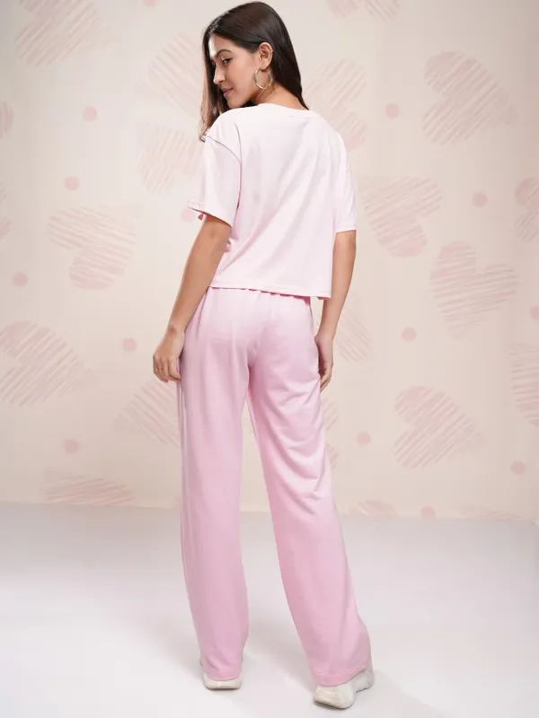 Disney By Tokyo Talkies Women Pink Stitch T-Shirt With Trousers Co-Ords