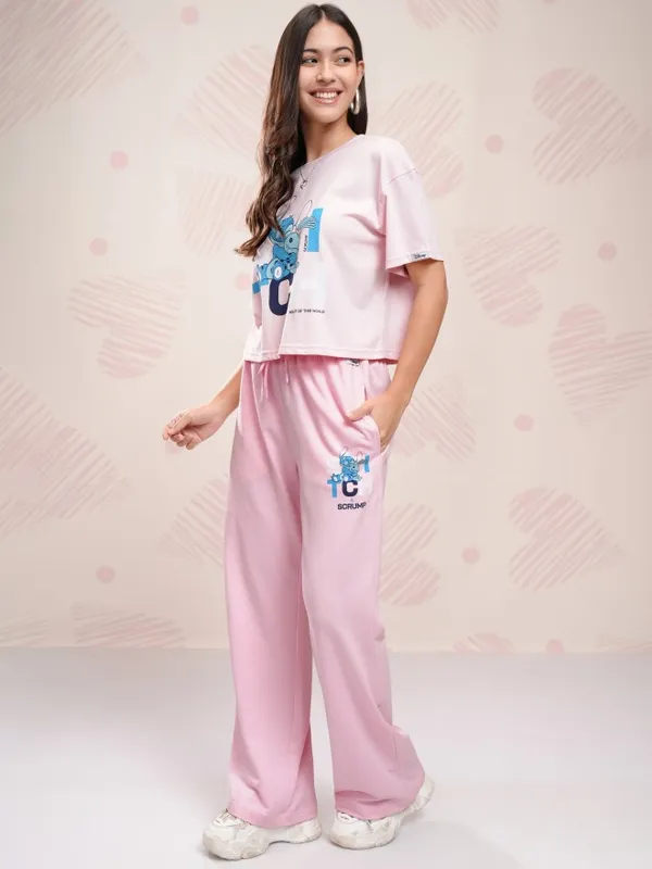 Disney By Tokyo Talkies Women Pink Stitch T-Shirt With Trousers Co-Ords