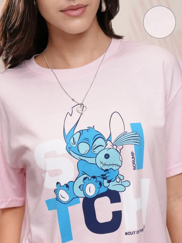 Disney By Tokyo Talkies Women Pink Stitch T-Shirt With Trousers Co-Ords