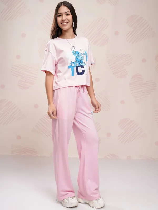 Disney By Tokyo Talkies Women Pink Stitch T-Shirt With Trousers Co-Ords
