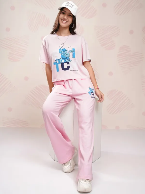 Disney By Tokyo Talkies Women Pink Stitch T-shirt With Trouser