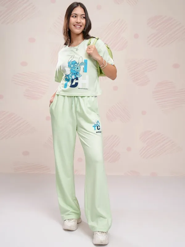 Disney By Tokyo Talkies Women Green Stitch T-shirt With Trouser