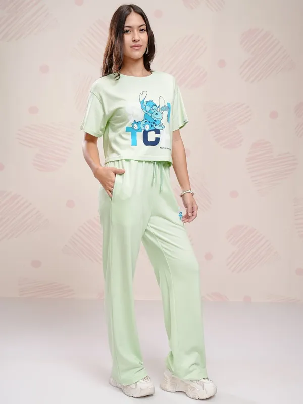 Disney By Tokyo Talkies Women Green Stitch T-shirt With Trouser