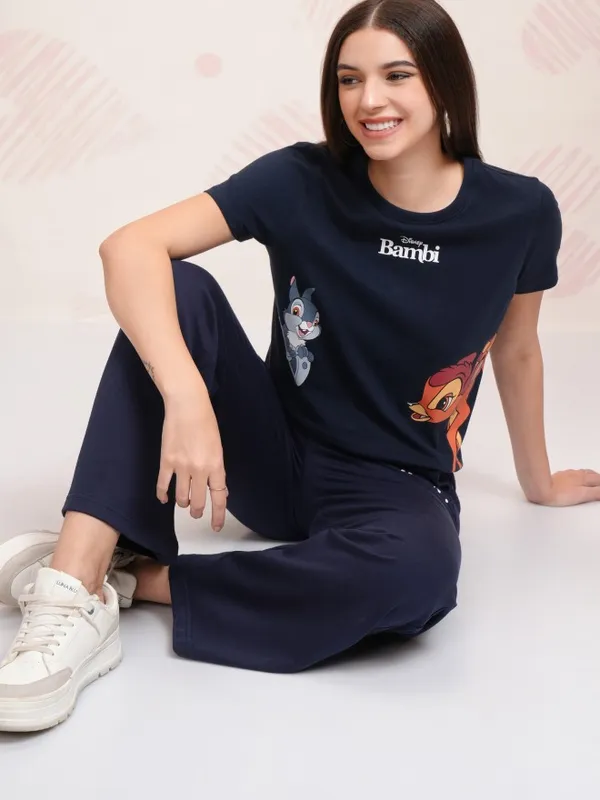 Disney By Tokyo Talkies Women Navy Blue Bambi And Thumper T-shirt With Trouser
