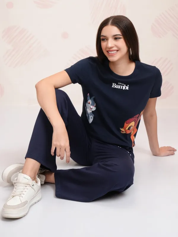 Disney By Tokyo Talkies Women Navy Blue Bambi And Thumper T-shirt With Trouser