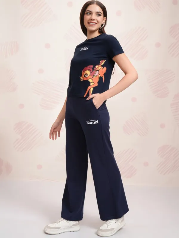 Disney By Tokyo Talkies Women Navy Blue Bambi And Thumper T-shirt With Trouser