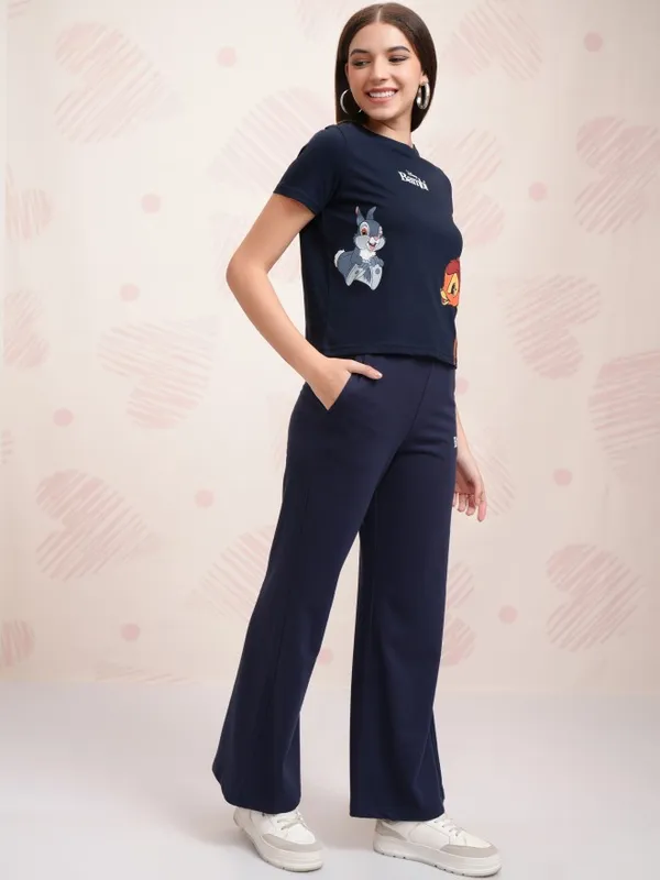 Disney By Tokyo Talkies Women Navy Blue Bambi And Thumper T-shirt With Trouser