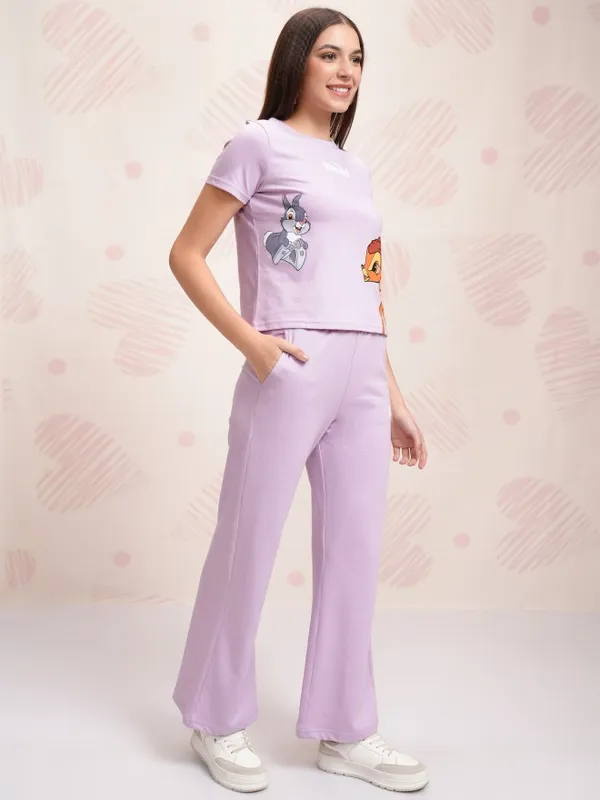 Disney By Tokyo Talkies Women Lavender Bambi And Thumper T-shirt With Trouser