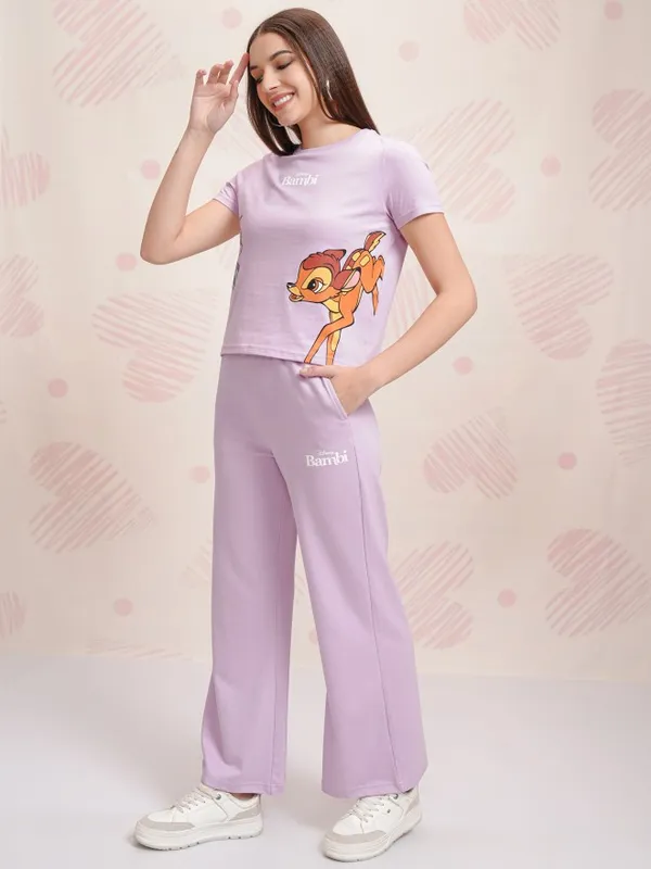 Disney By Tokyo Talkies Women Lavender Bambi And Thumper T-shirt With Trouser