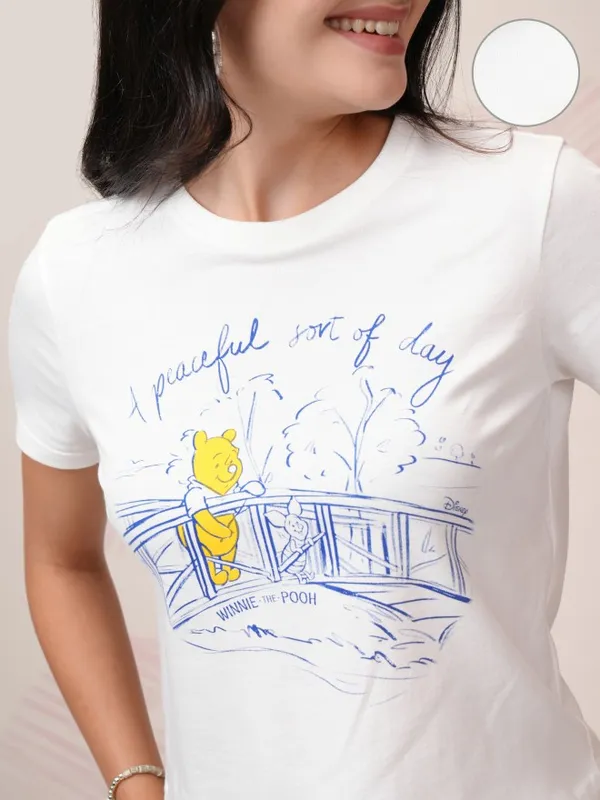 Disney By Tokyo Talkies Women White Winnie The Pooh T-Shirt With Trousers Co-Ords