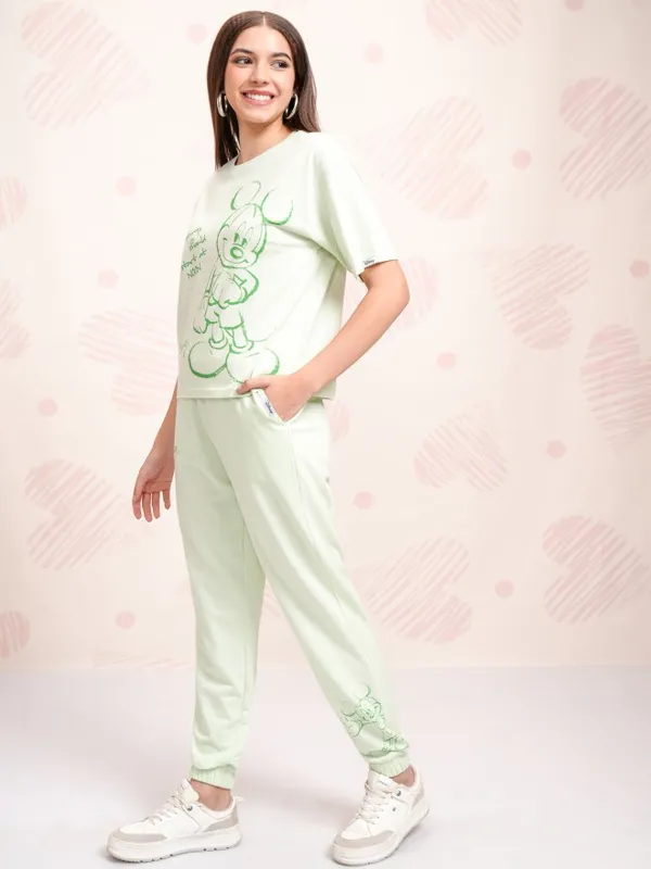 Disney By Tokyo Talkies Women Green Mickey Mouse T-shirt With Joggers