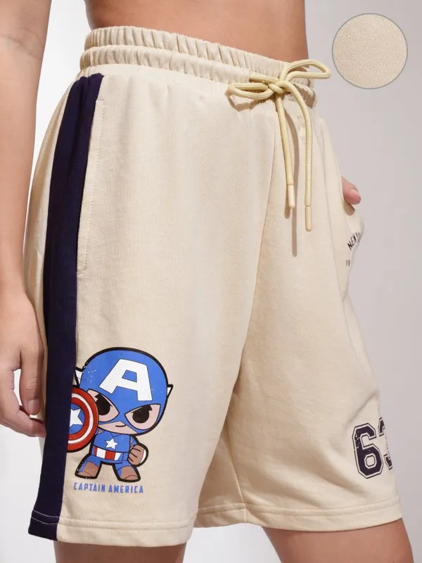 Marvel By Tokyo Talkies Women Beige Captain America Cotton Shorts