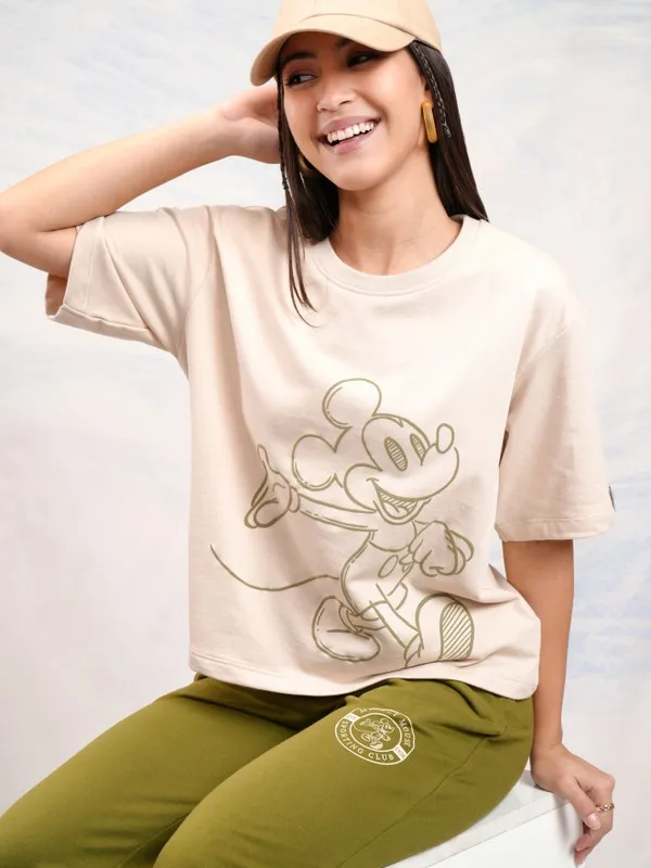 Disney By Tokyo Talkies Women Beige Mickey Mouse T-Shirt With Joggers Co-Ords