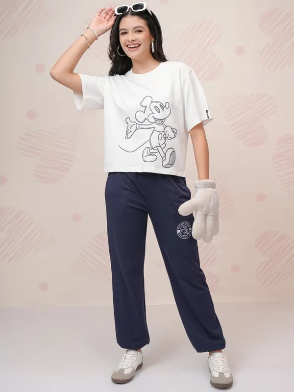 Disney By Tokyo Talkies Women White Mickey Mouse T-Shirt With Joggers Co-Ords
