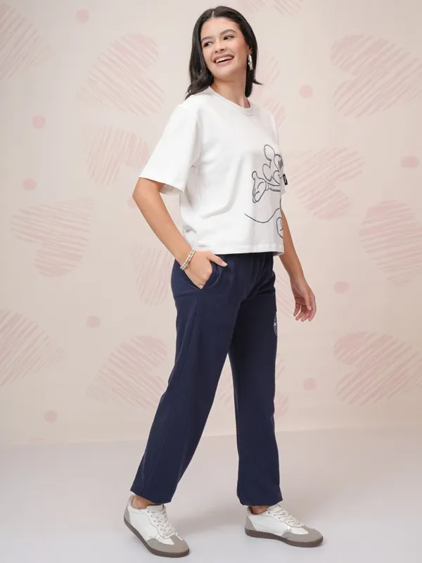 Disney By Tokyo Talkies Women White Mickey Mouse T-Shirt With Joggers Co-Ords