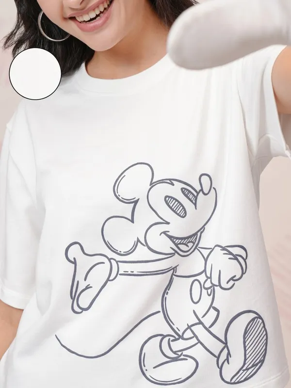 Disney By Tokyo Talkies Women White Mickey Mouse T-Shirt With Joggers Co-Ords