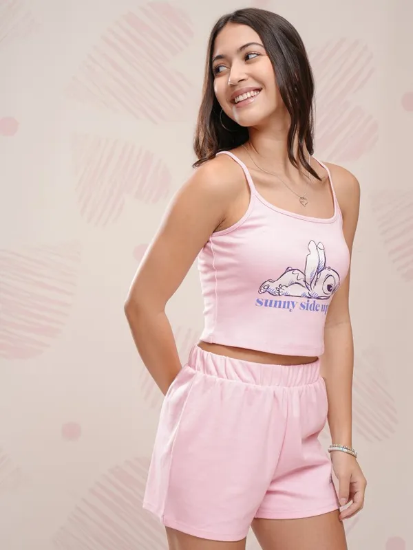 Disney By Tokyo Talkies Women Pink Stitch Top With Short