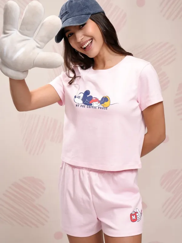 Disney By Tokyo Talkies Women Pink Mickey Mouse T-Shirt With Shorts Co-Ords
