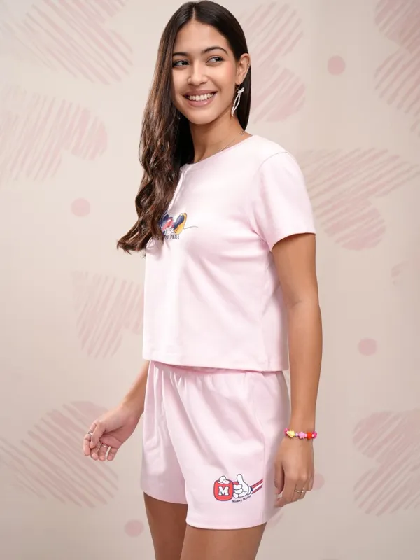 Disney By Tokyo Talkies Women Pink Mickey Mouse T-Shirt With Shorts Co-Ords