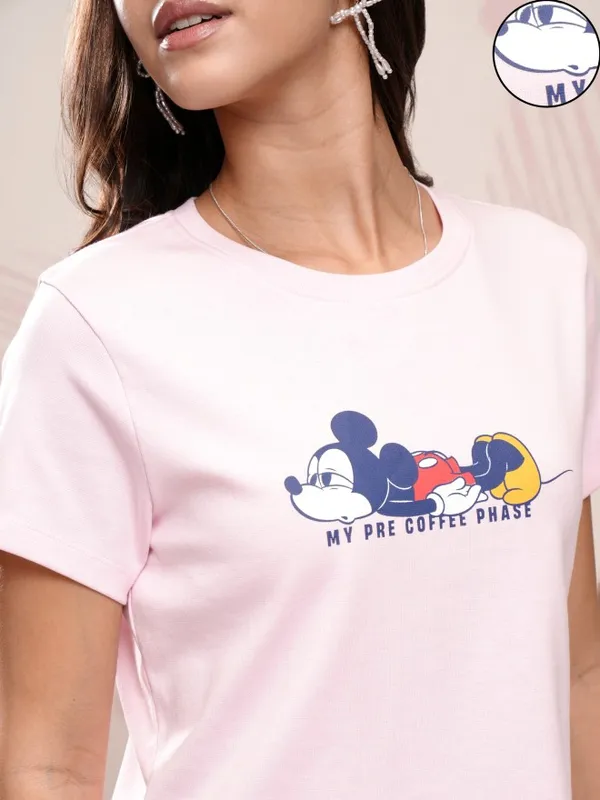 Disney By Tokyo Talkies Women Pink Mickey Mouse T-Shirt With Shorts Co-Ords