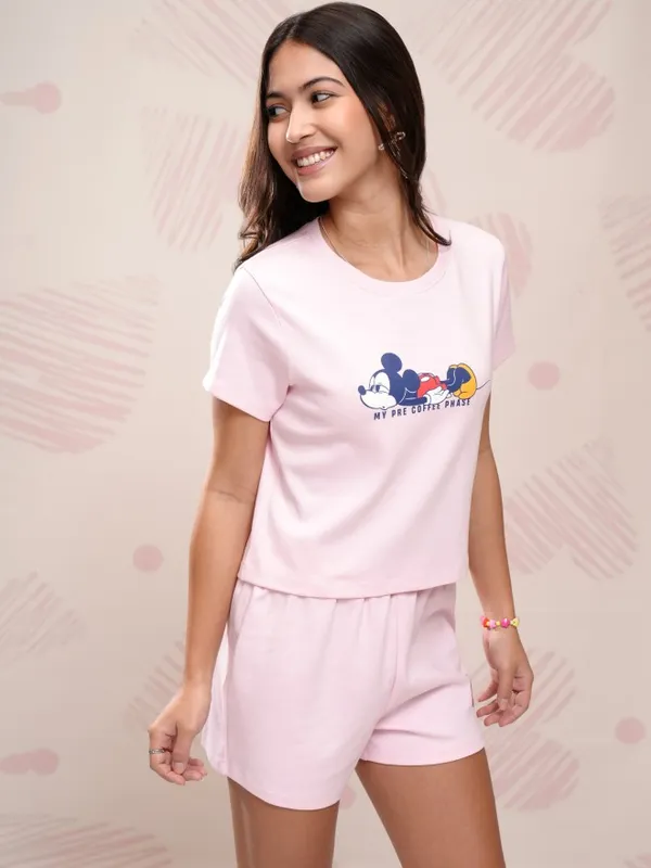 Disney By Tokyo Talkies Women Pink Mickey Mouse T-Shirt With Shorts Co-Ords