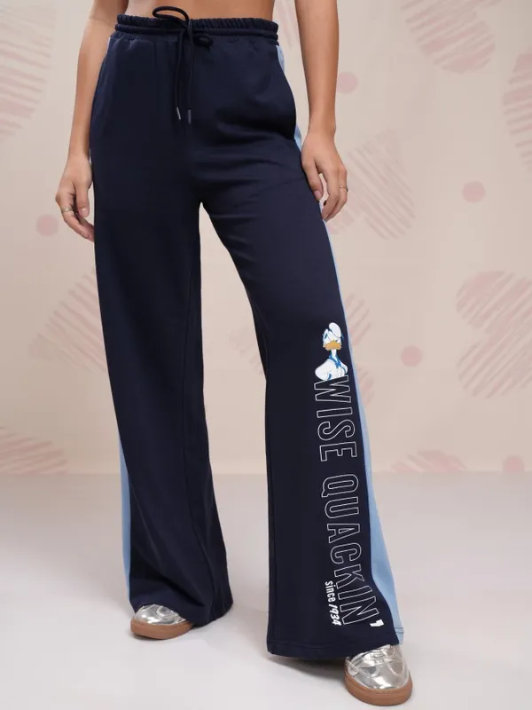 Disney By Tokyo Talkies Women Navy Blue Donald Duck Printed Flared Wide Leg Trouser