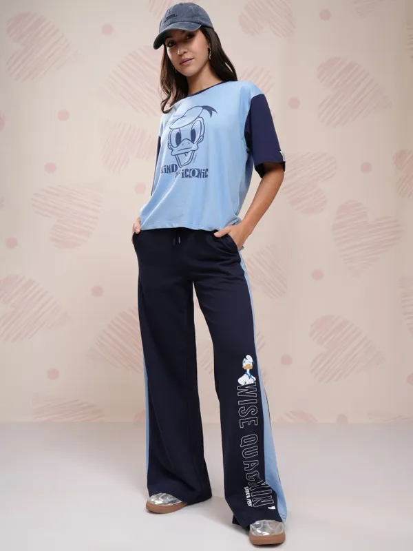 Disney By Tokyo Talkies Women Navy Blue Donald Duck Printed Flared Wide Leg Trouser