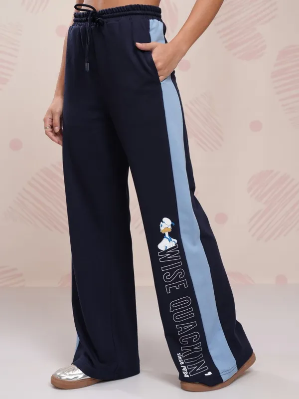Disney By Tokyo Talkies Women Navy Blue Donald Duck Printed Flared Wide Leg Trouser