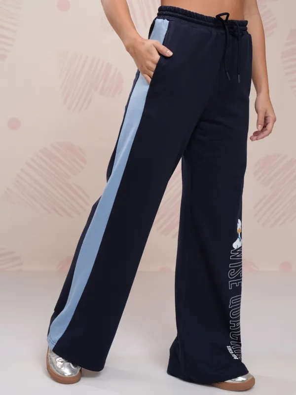 Disney By Tokyo Talkies Women Navy Blue Donald Duck Printed Flared Wide Leg Trouser