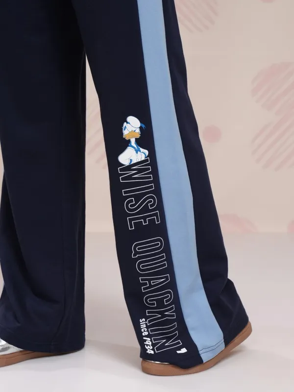 Disney By Tokyo Talkies Women Navy Blue Donald Duck Printed Flared Wide Leg Trouser