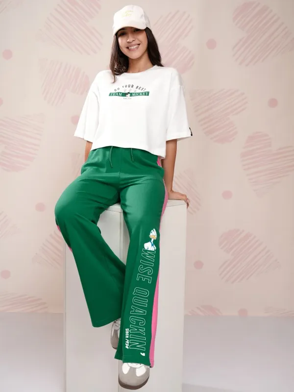 Disney By Tokyo Talkies Women Green Donald Duck Printed Flared Wide Leg Trouser