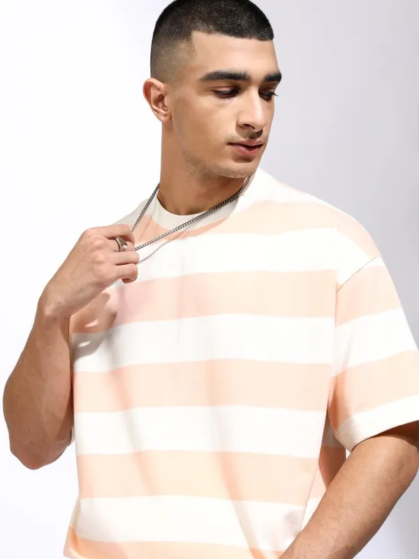 Highlander Men Off White Striped Oversized Fit T-Shirt