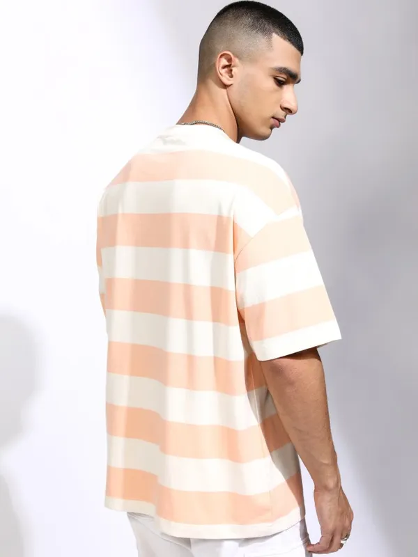Highlander Men Off White Striped Oversized Fit T-Shirt