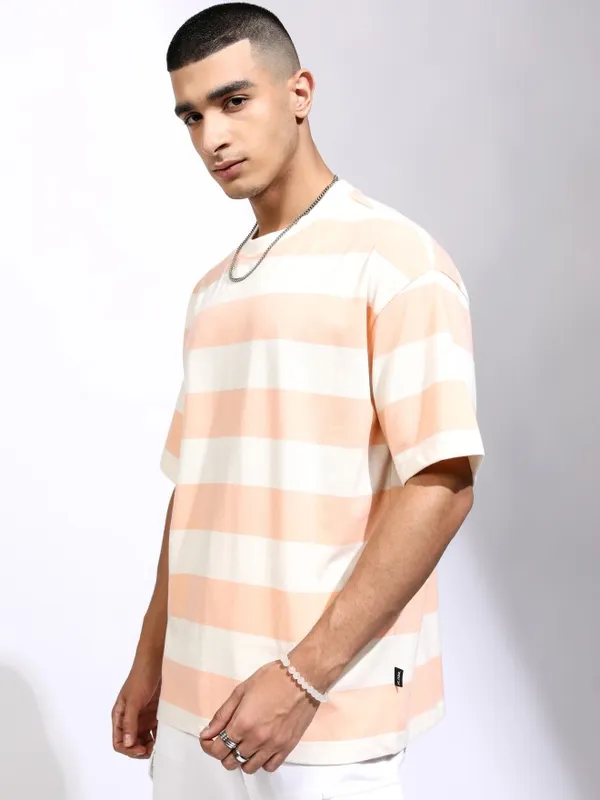 Highlander Men Off White Striped Oversized Fit T-Shirt