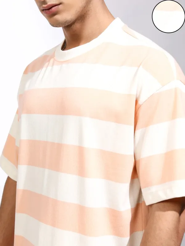 Highlander Men Off White Striped Oversized Fit T-Shirt