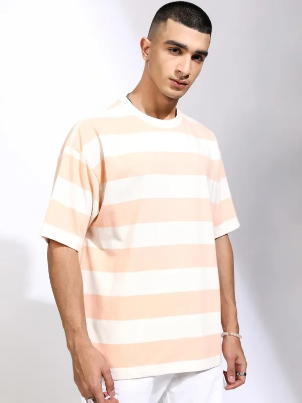 Highlander Men Off White Striped Oversized Fit T-Shirt