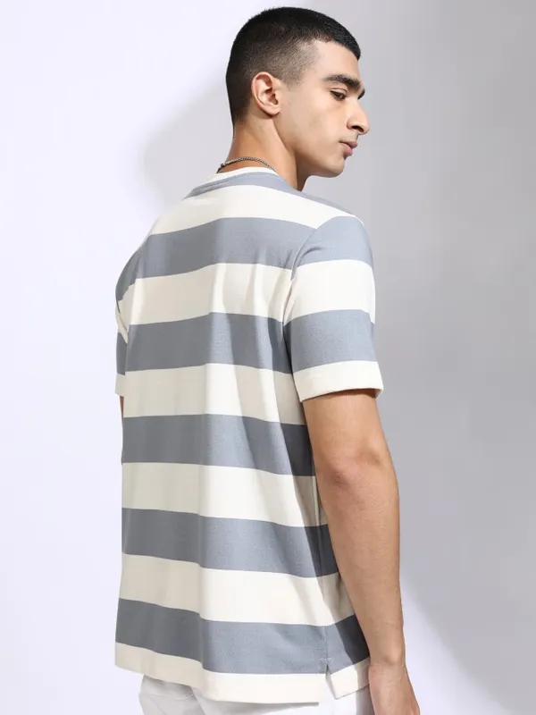 Highlander Men Off White Striped Relaxed Fit T-Shirt
