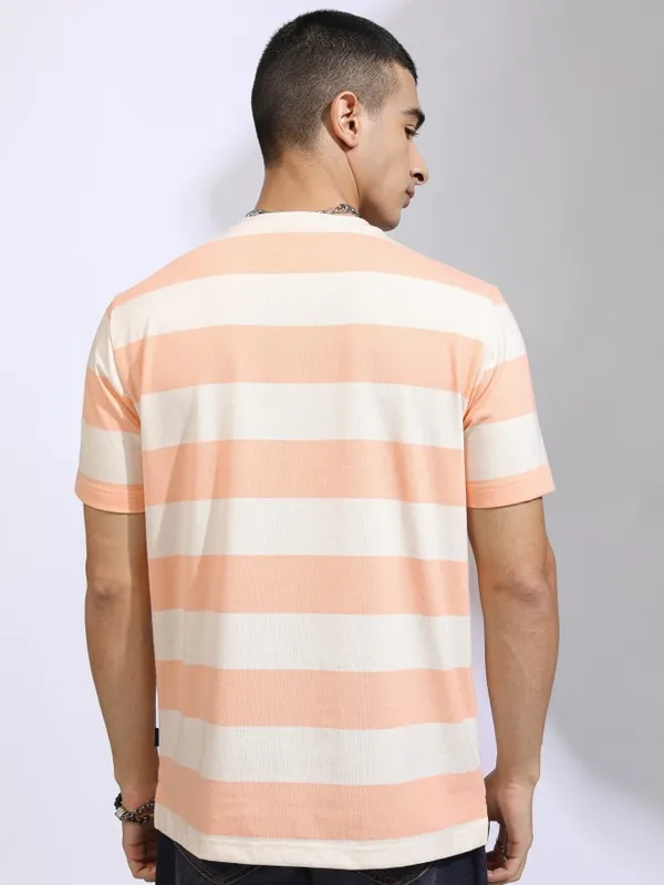 Highlander Men Off White Striped Relaxed Fit T-Shirt