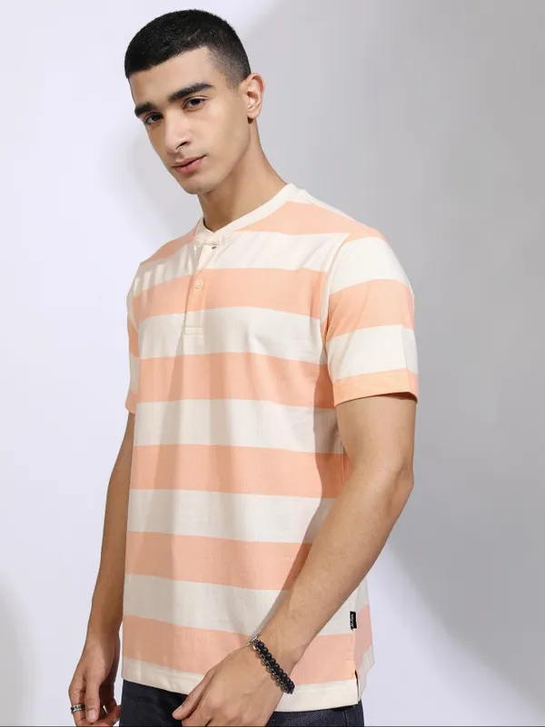 Highlander Men Off White Striped Relaxed Fit T-Shirt