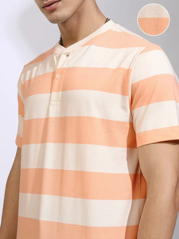 Highlander Men Off White Striped Relaxed Fit T-Shirt