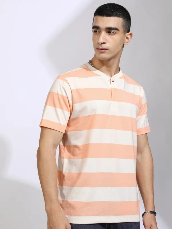 Highlander Men Off White Striped Relaxed Fit T-Shirt